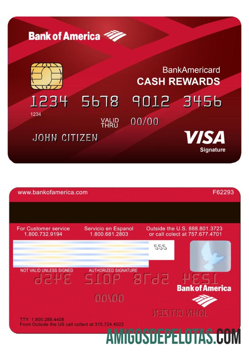 Cartão de assinatura Visa do USA Bank Of America amostra